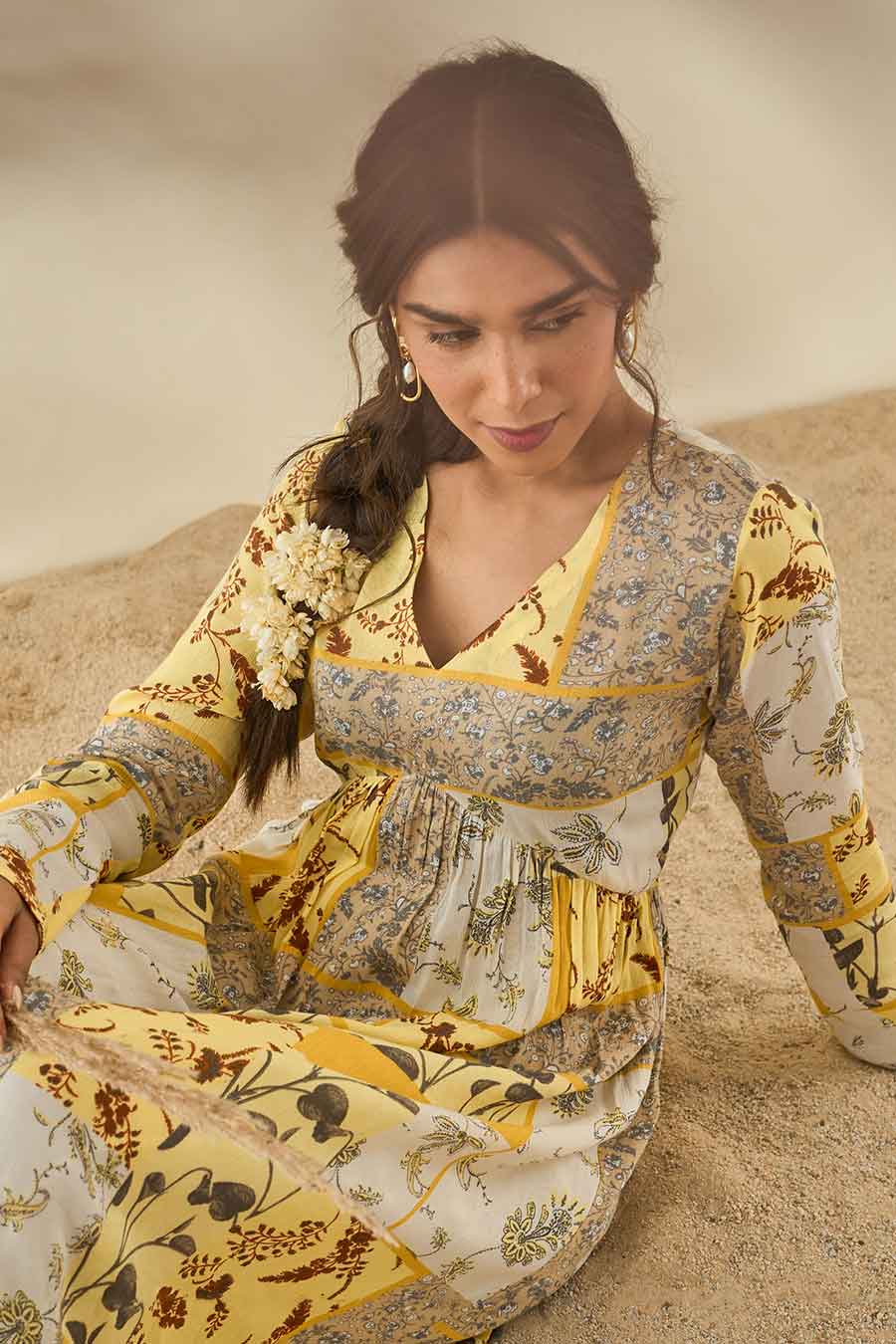 Yellow Printed Kurta & Churidar Set With Stole