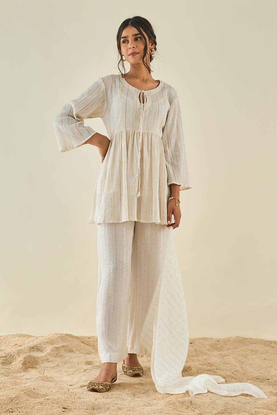 White Stripe Shimmer Short Kurta & Pant Set