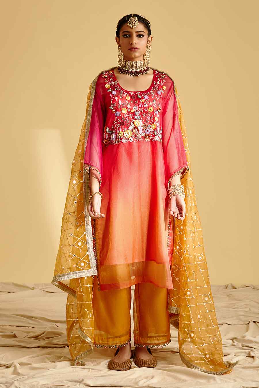Red Ombre Embroidered Kurta Set