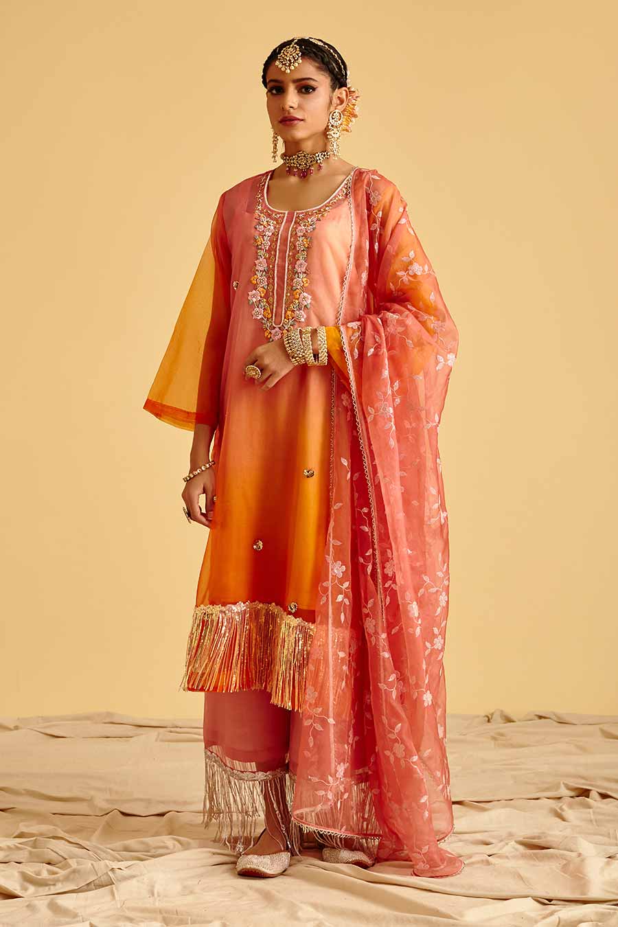 Peach Ombre Embroidered Kurta Set
