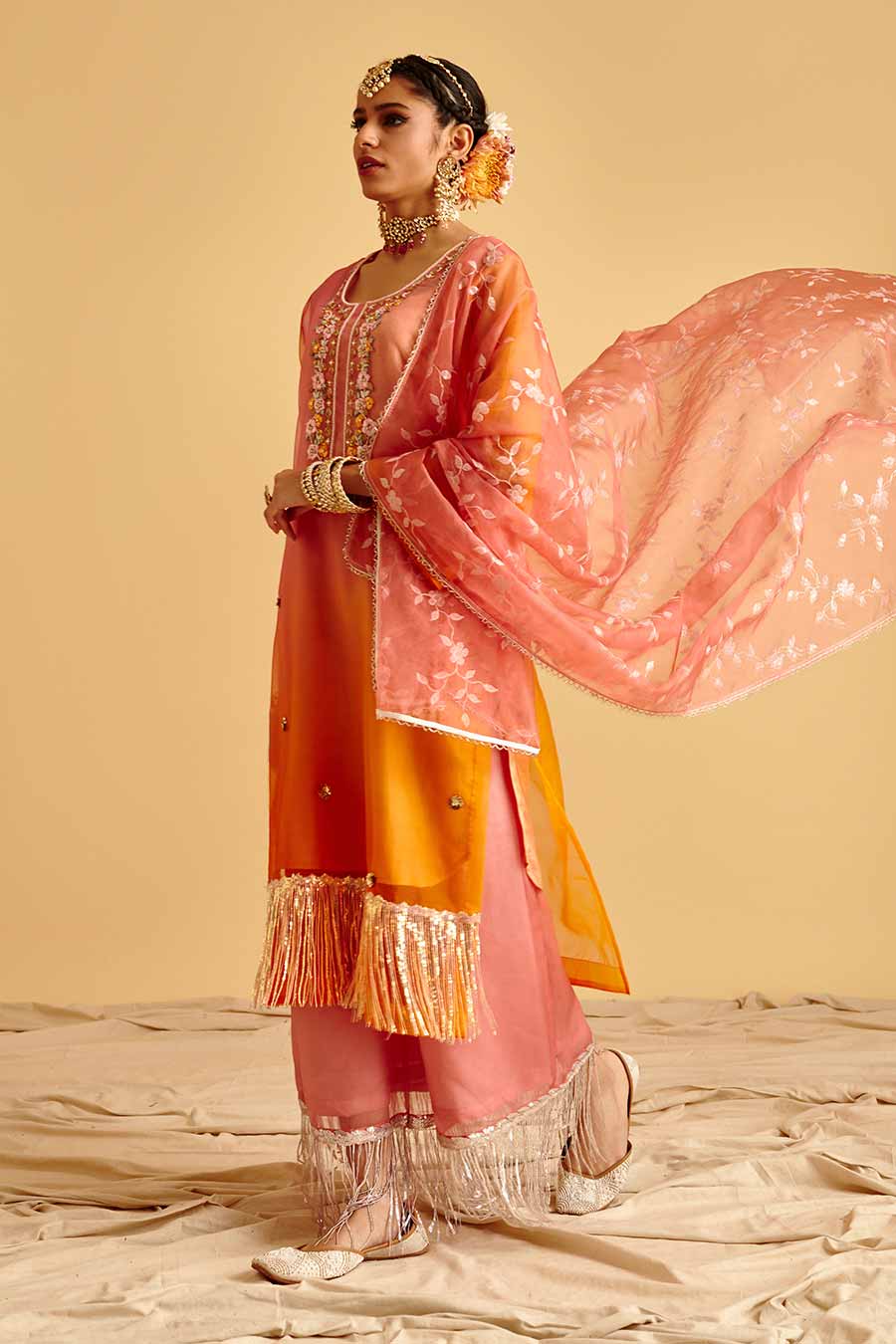 Peach Ombre Embroidered Kurta Set