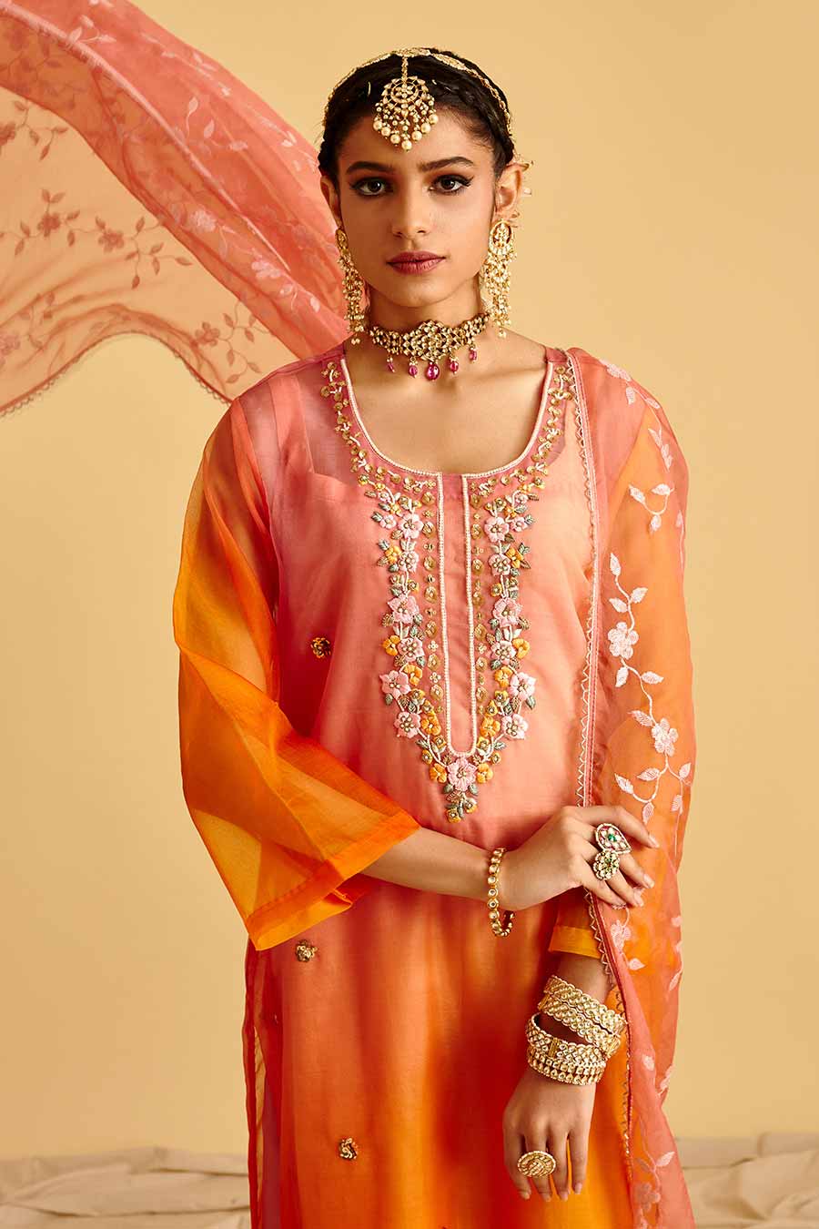 Peach Ombre Embroidered Kurta Set