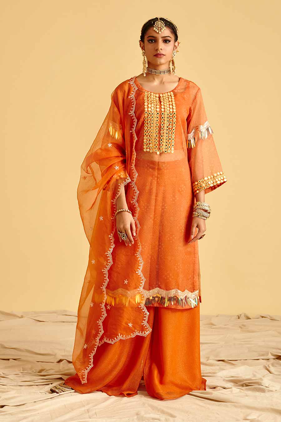 Orange Embroidered Kurta Sharara Set
