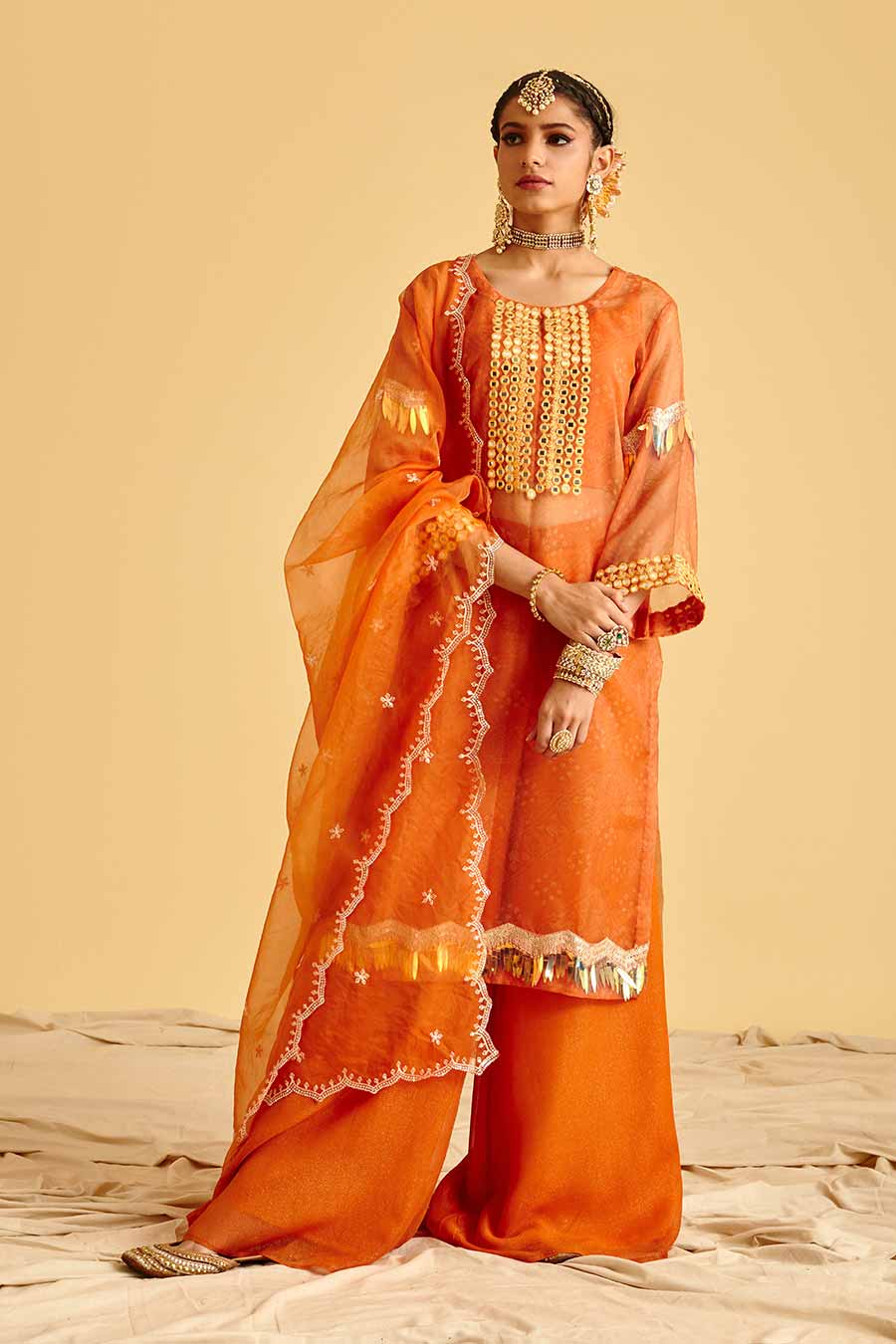 Orange Embroidered Kurta Sharara Set