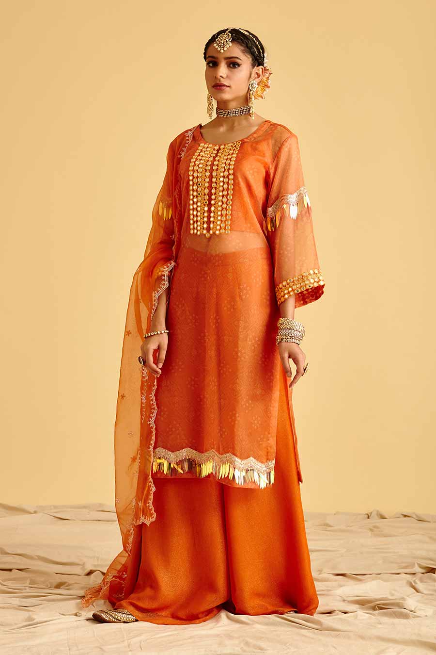 Orange Embroidered Kurta Sharara Set