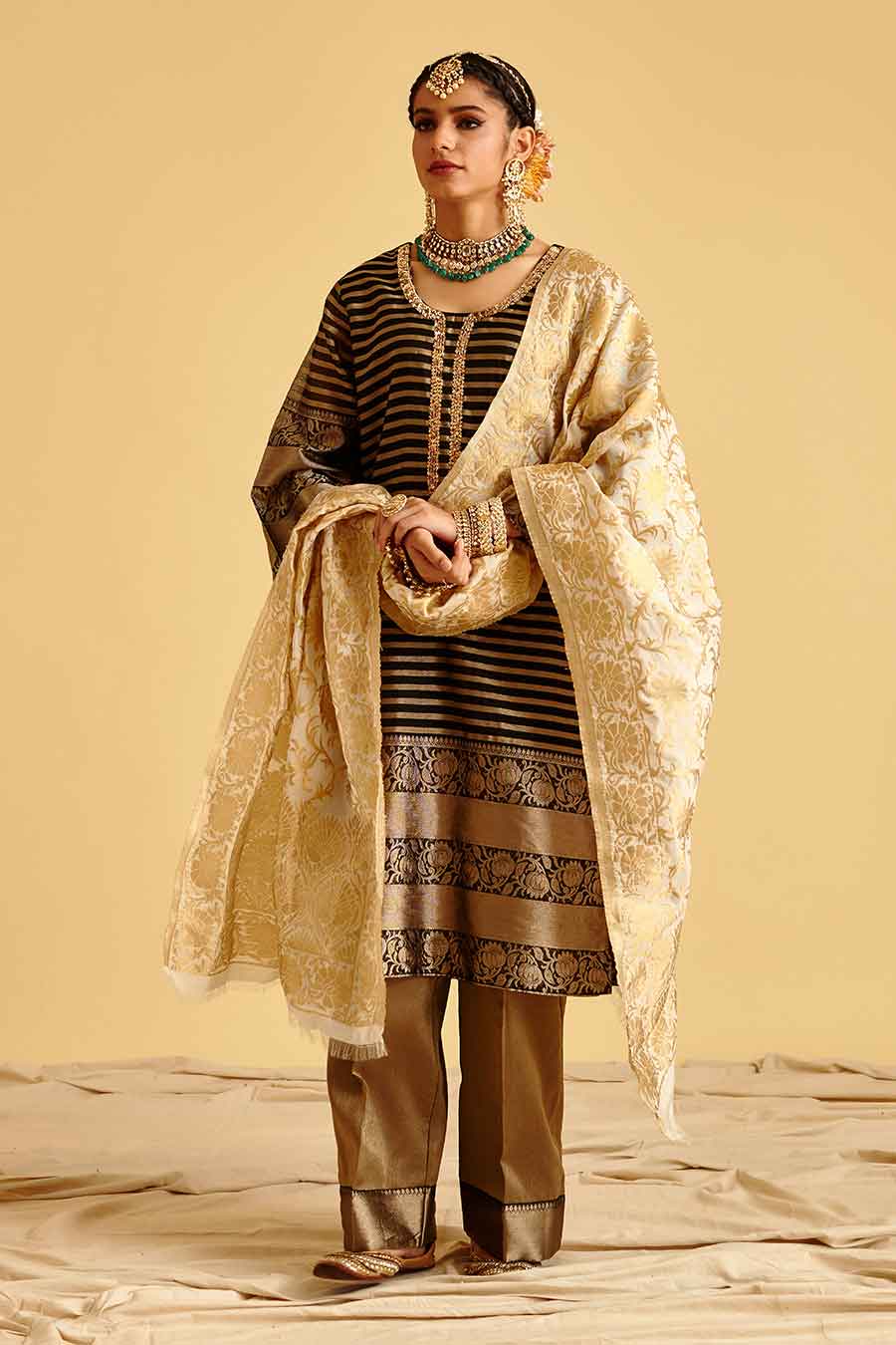 Black & Gold Brocade Embroidered Kurta Set