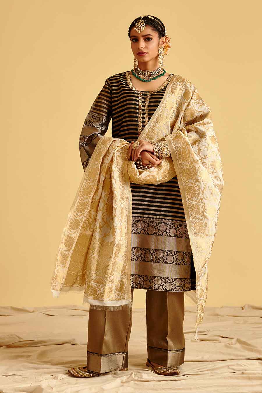 Black & Gold Brocade Embroidered Kurta Set