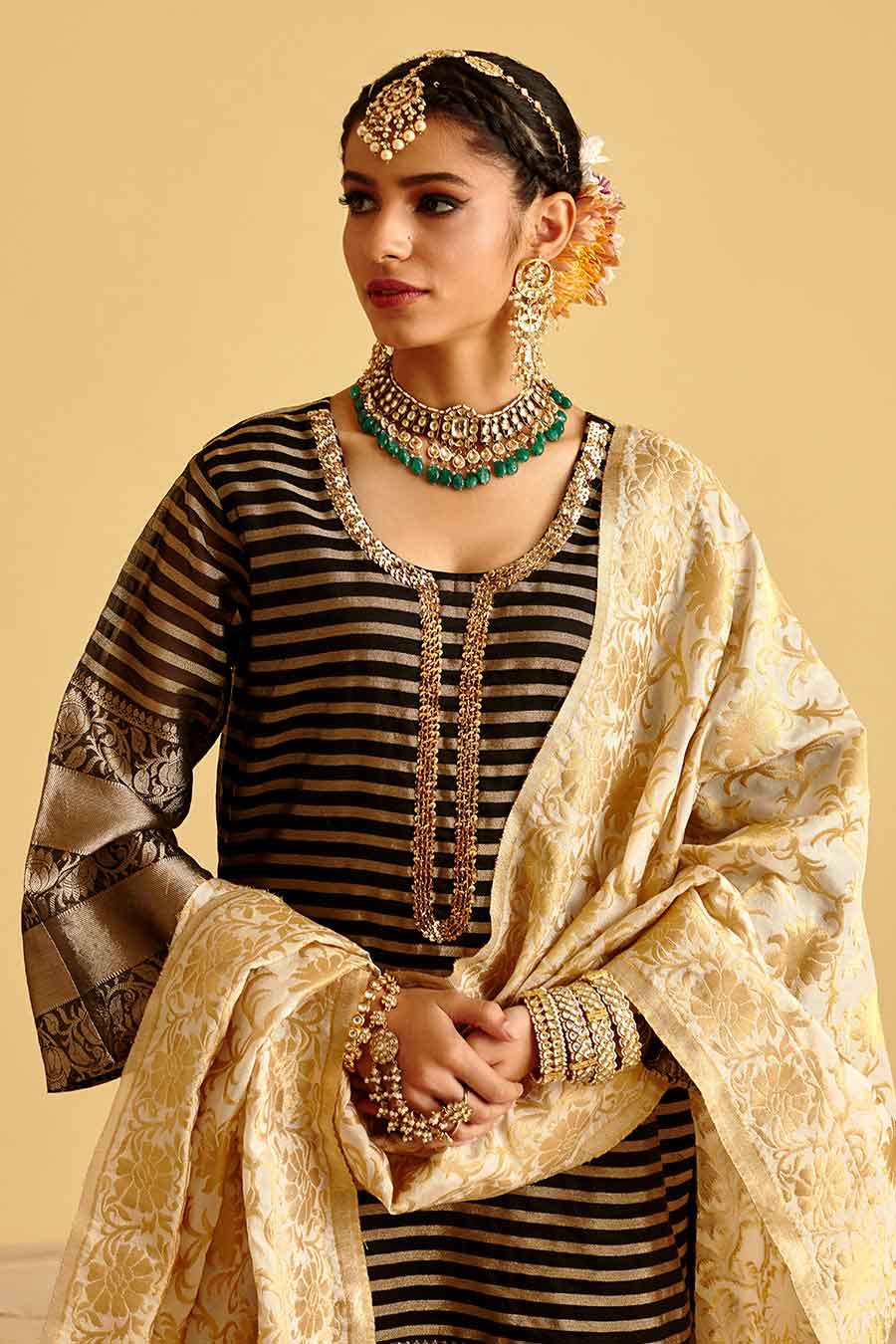 Black & Gold Brocade Embroidered Kurta Set