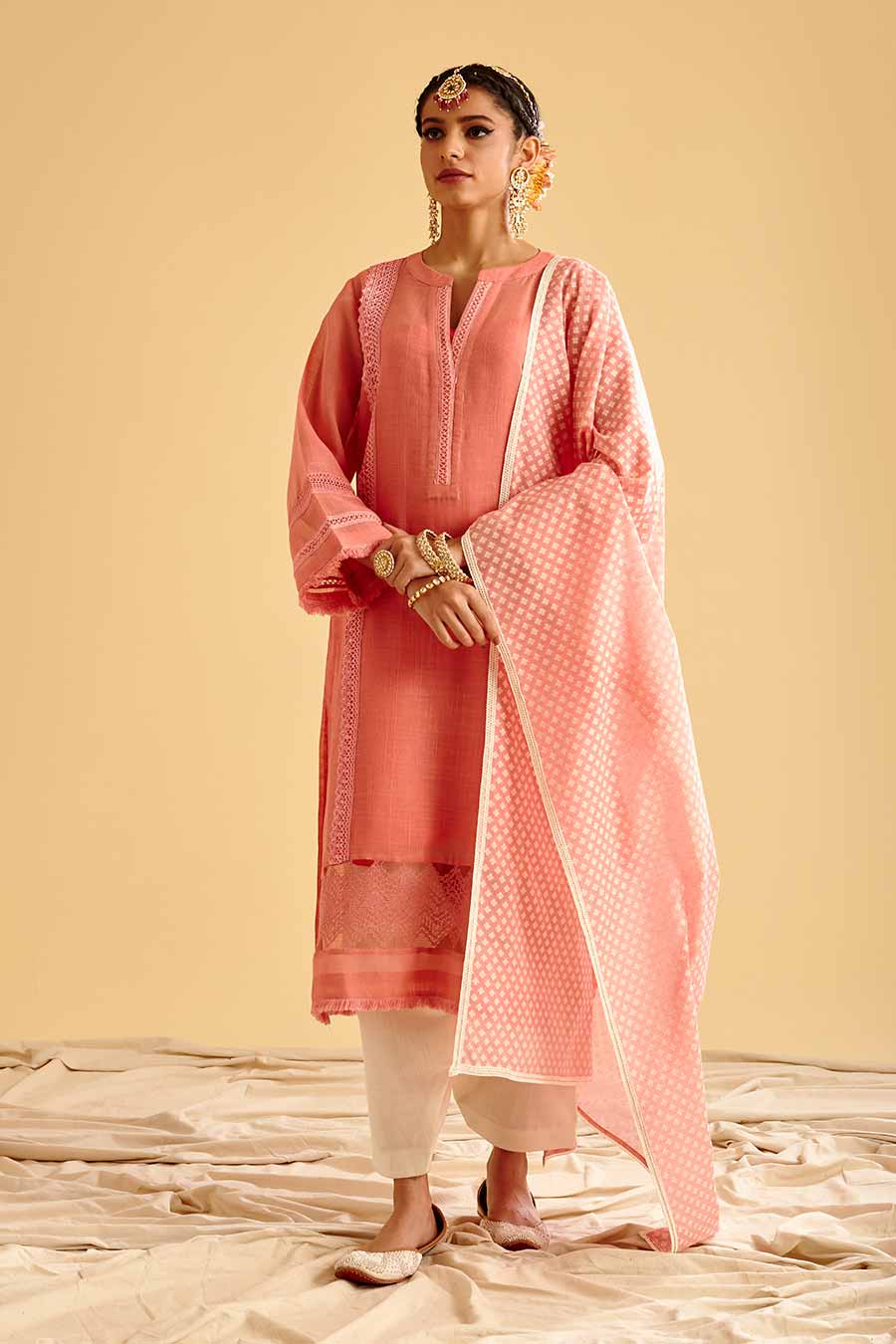 Pink Lace Embroidered Kurta Set