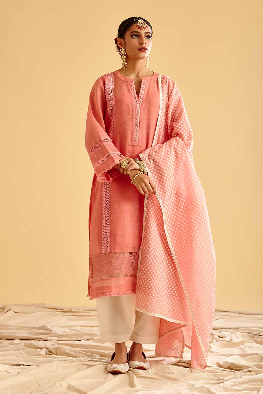 Pink Lace Embroidered Kurta Set