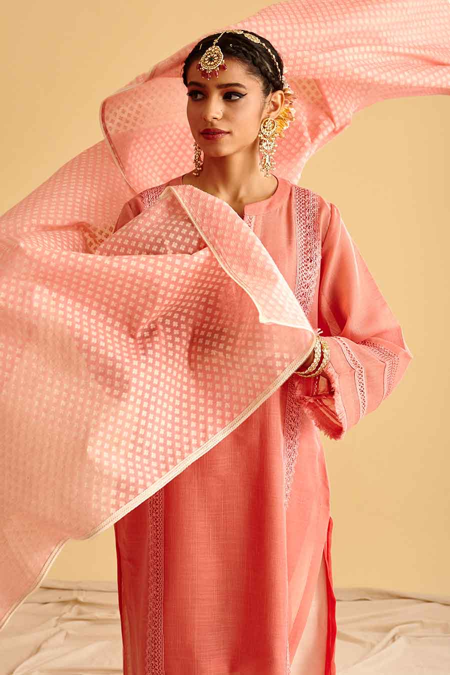 Pink Lace Embroidered Kurta Set
