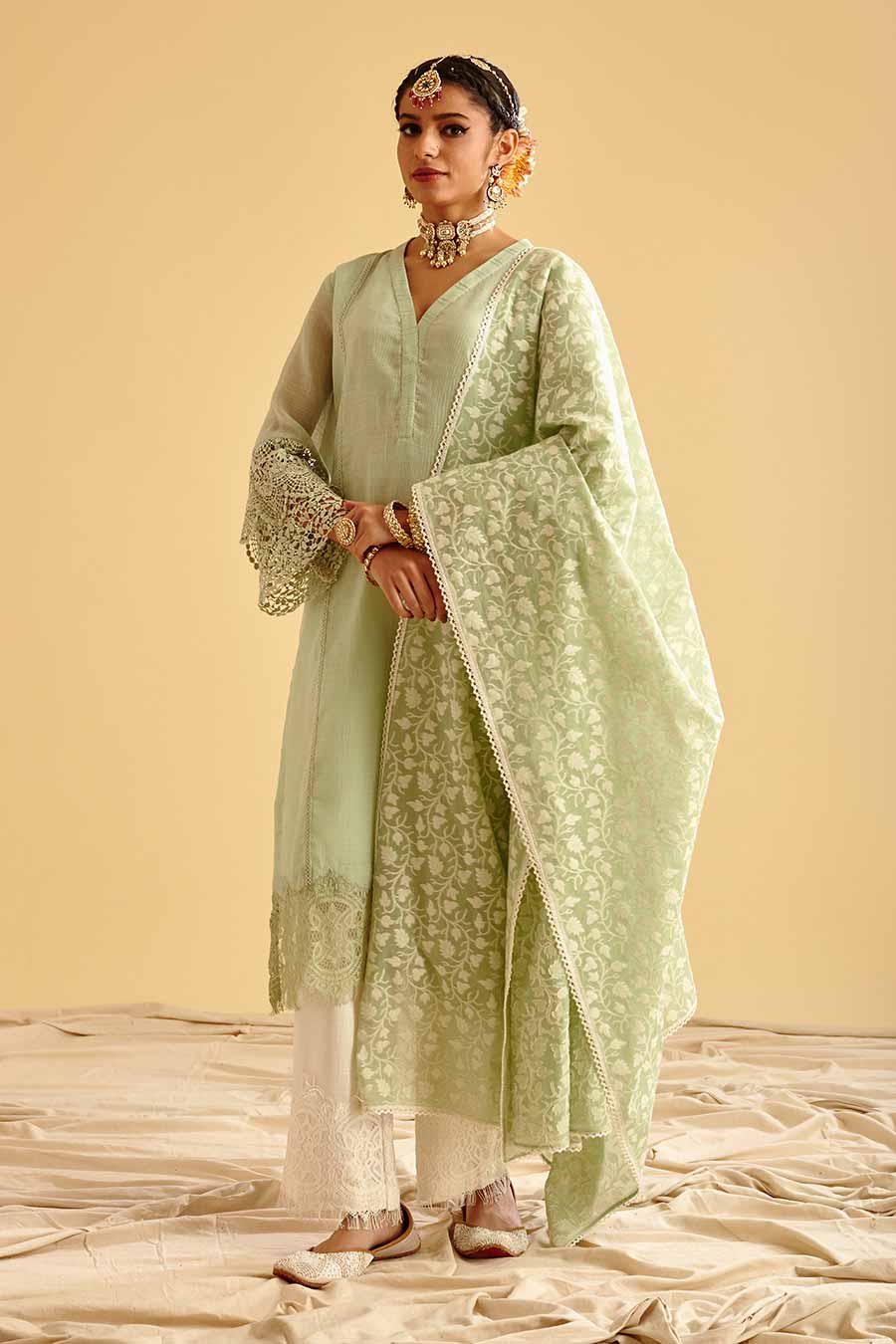 Green Lace Embroidered Kurta Set