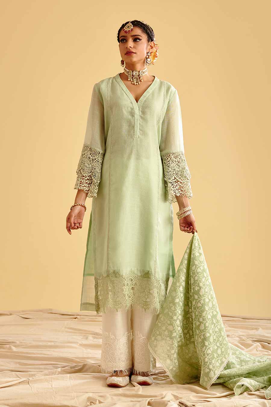 Green Lace Embroidered Kurta Set