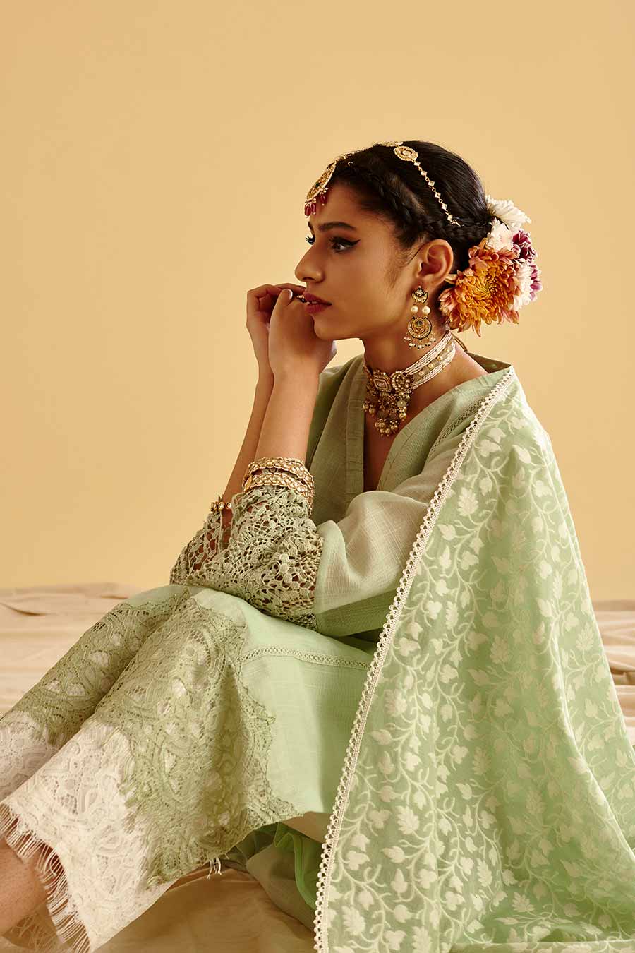 Green Lace Embroidered Kurta Set