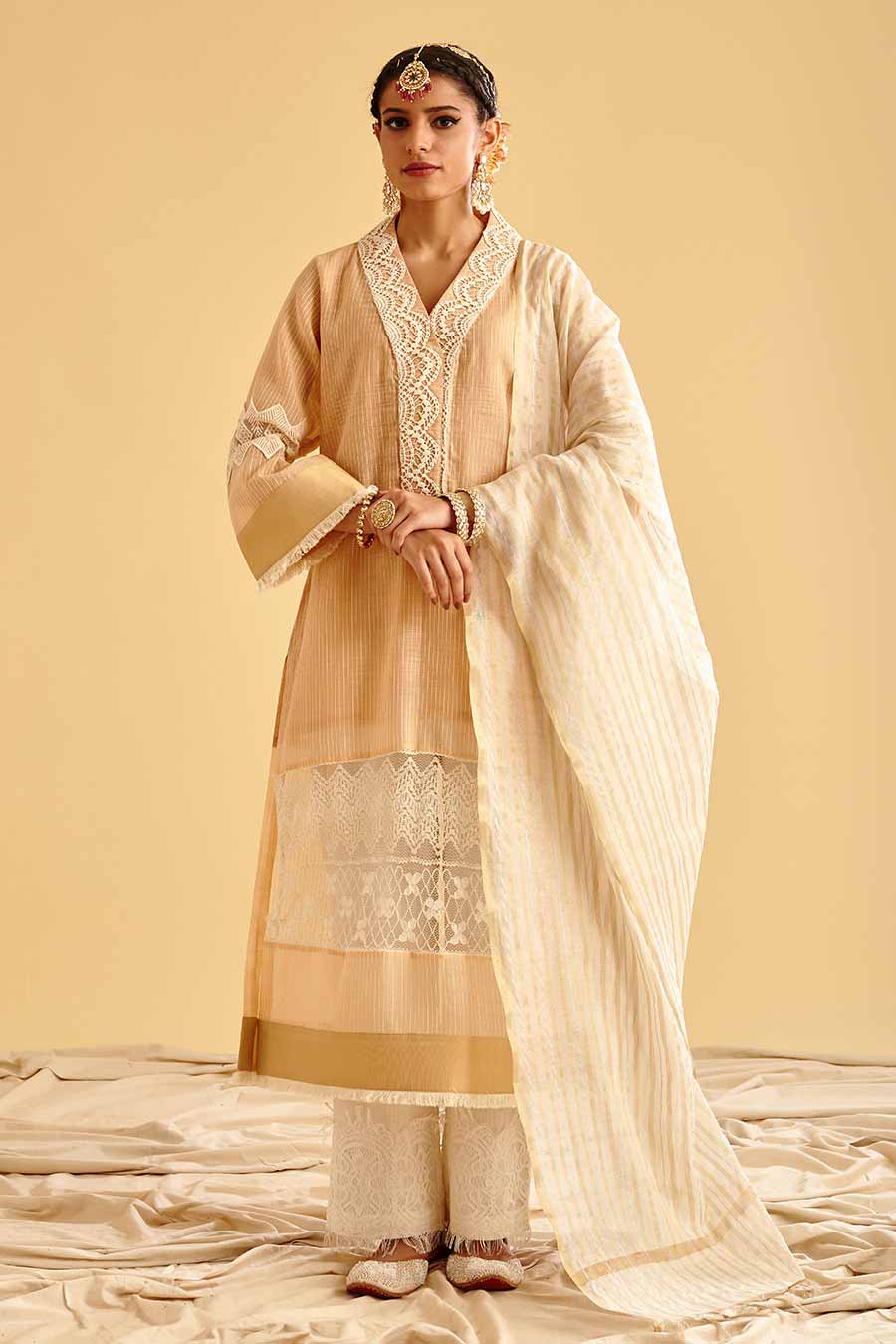 Beige Lace Embroidered Kurta Set