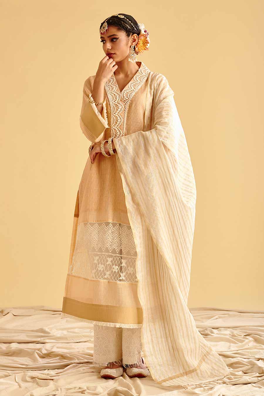 Beige Lace Embroidered Kurta Set