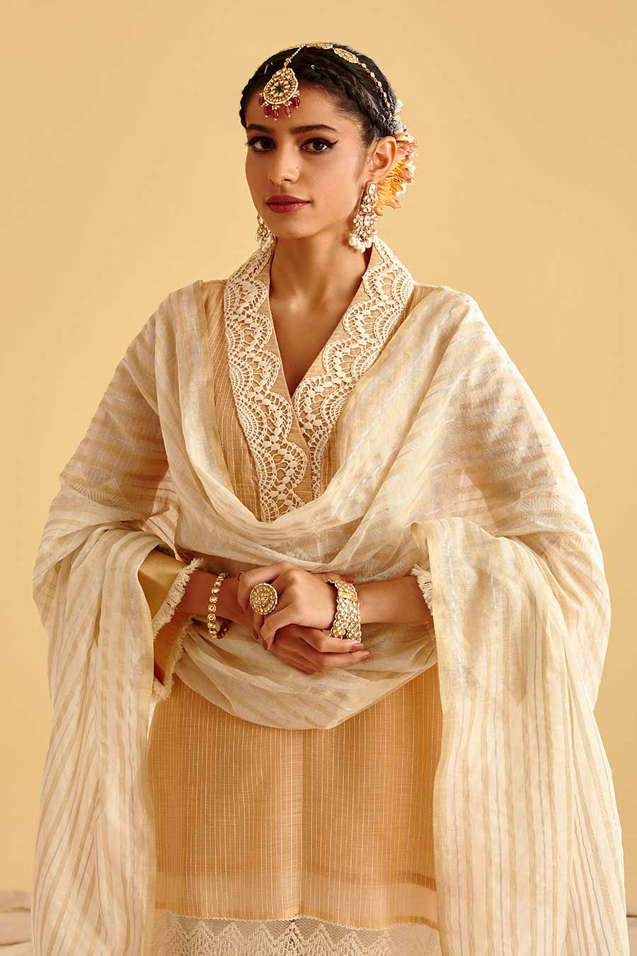 Beige Lace Embroidered Kurta Set