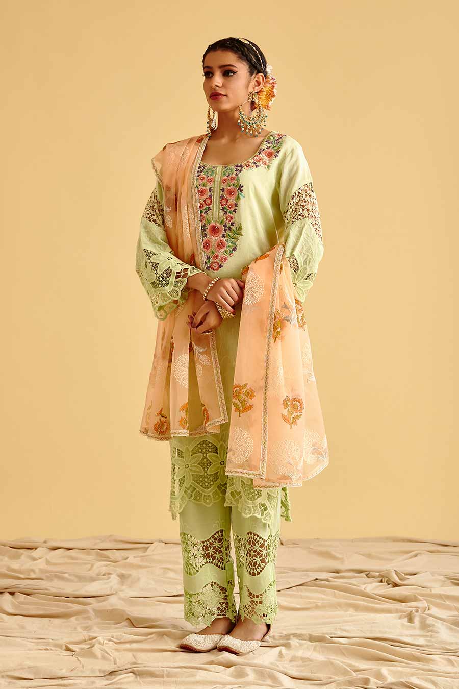 Green Lace Embroidered Kurta Set