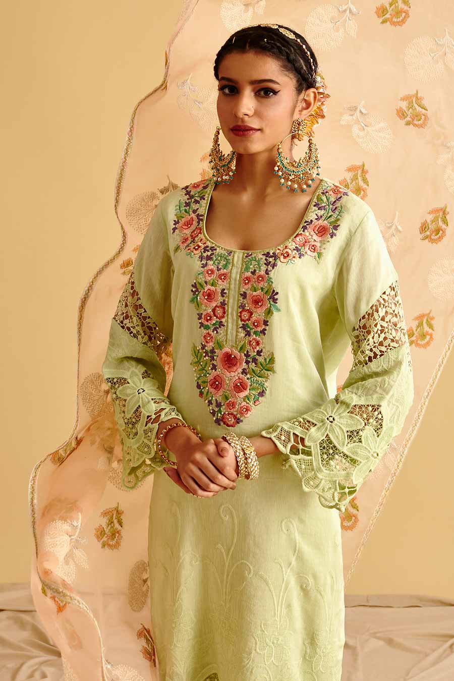 Green Lace Embroidered Kurta Set