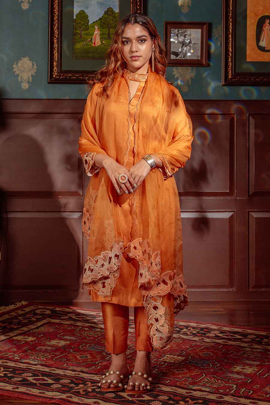 Orange Cut-Work Embroidered Kurta Set