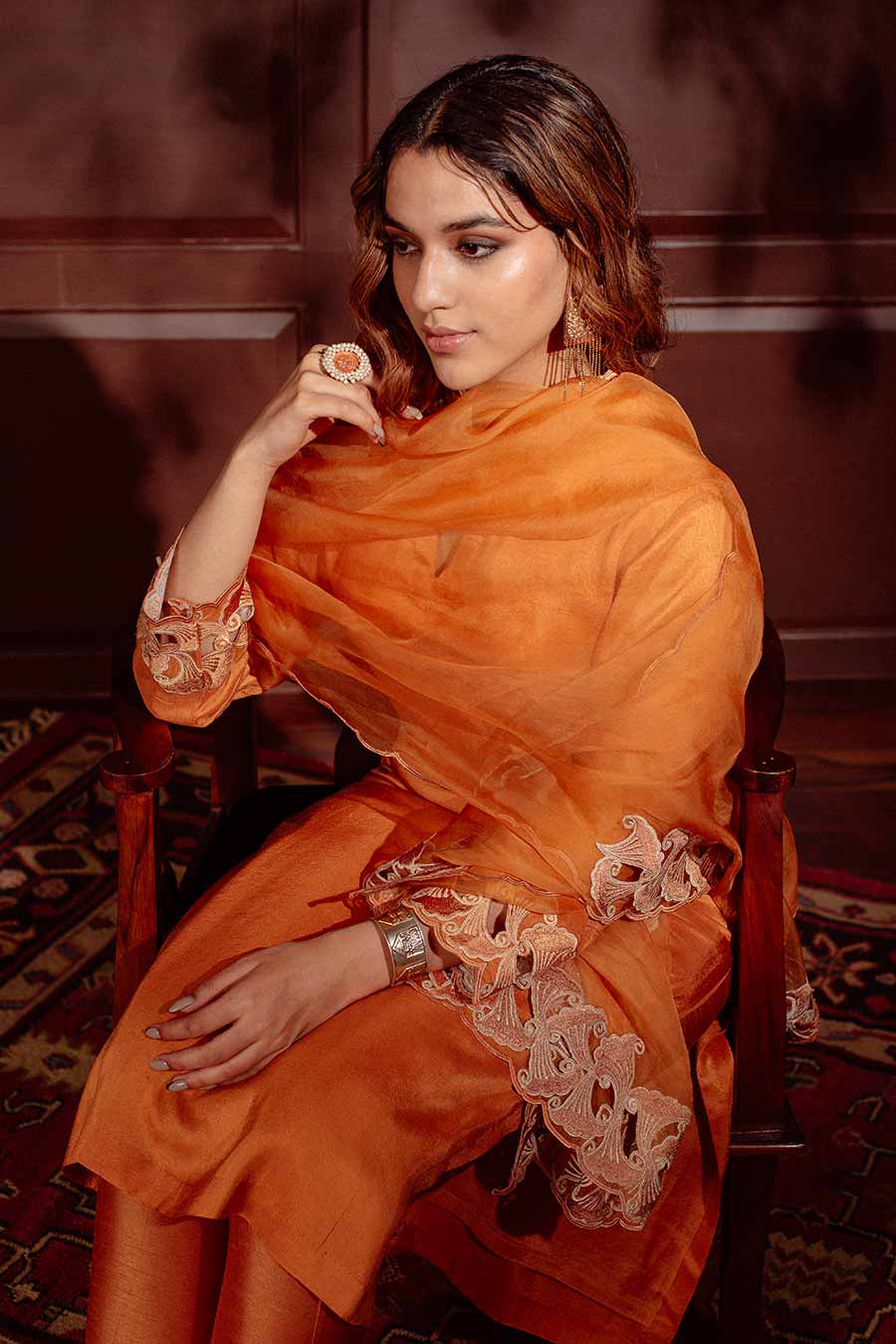 Orange Cut-Work Embroidered Kurta Set