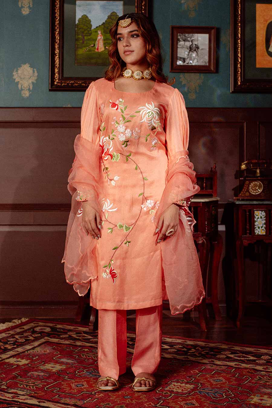 Peach Embroidered Kurta Set