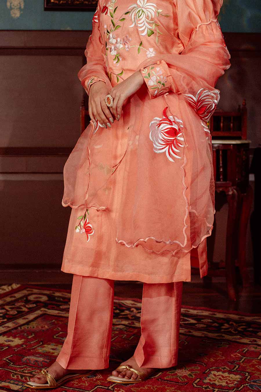 Peach Embroidered Kurta Set