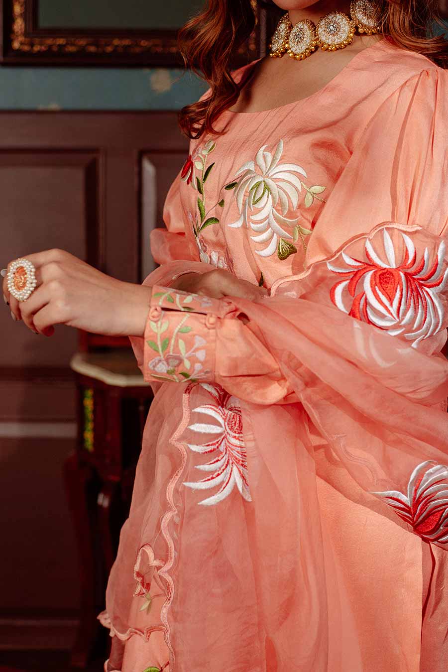 Peach Embroidered Kurta Set