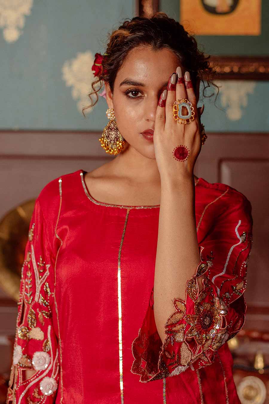 Red Embroidered Kurta Set