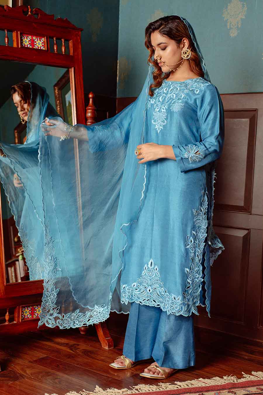 Blue Cut-Work Embroidered Kurta Set