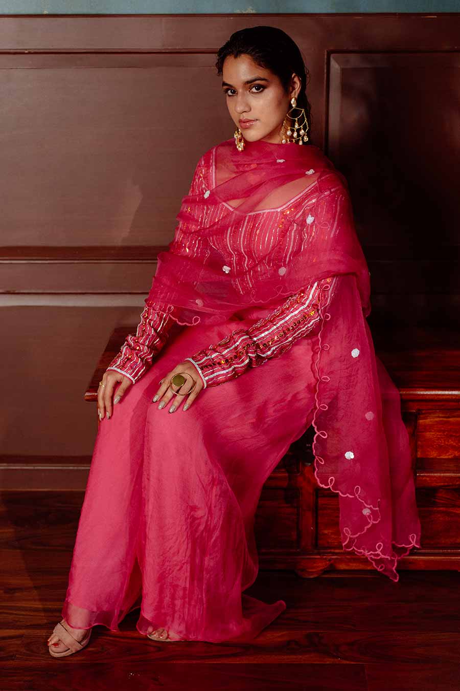 Pink Embroidered Blouse & Pant Set With Dupatta