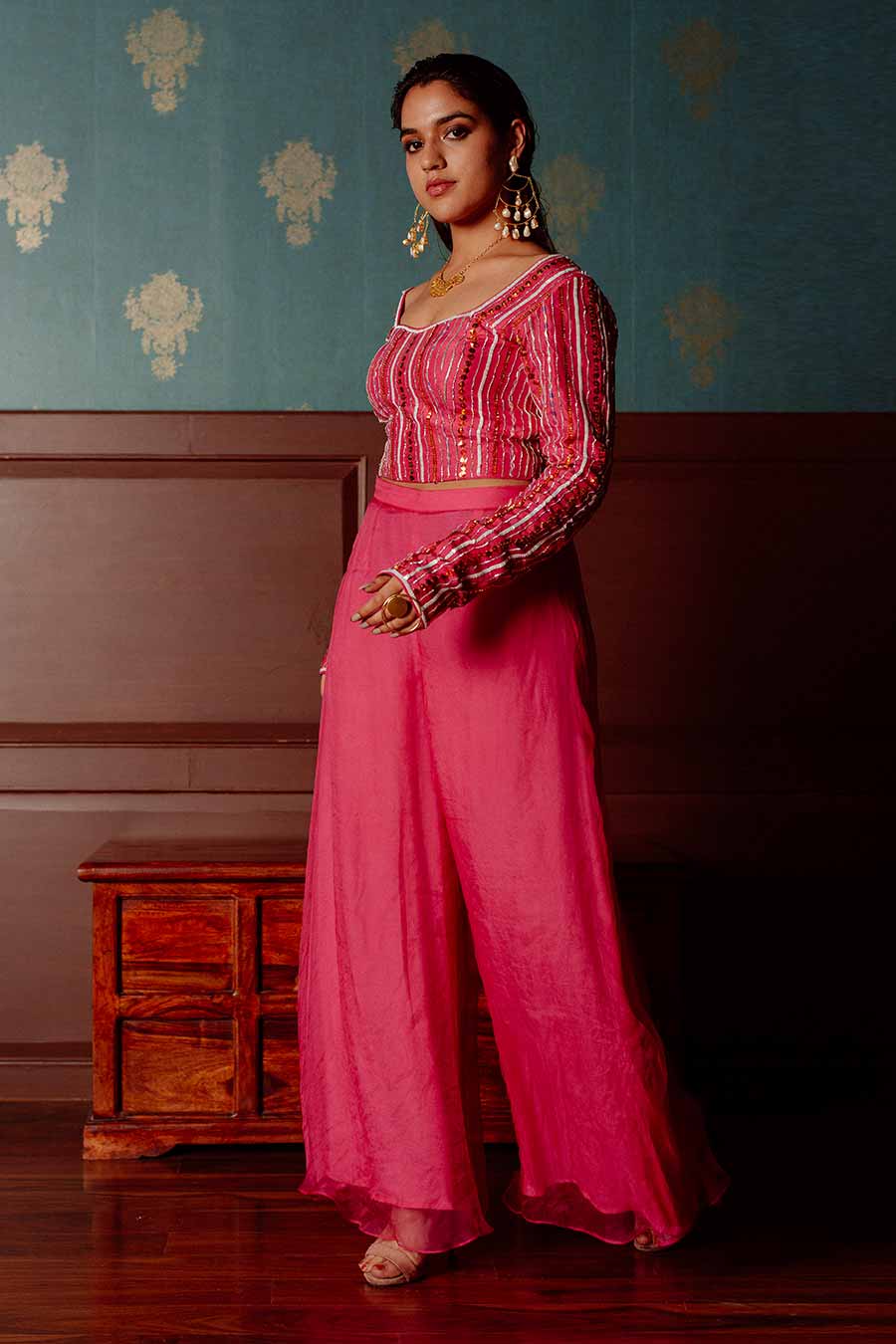Pink Embroidered Blouse & Pant Set With Dupatta