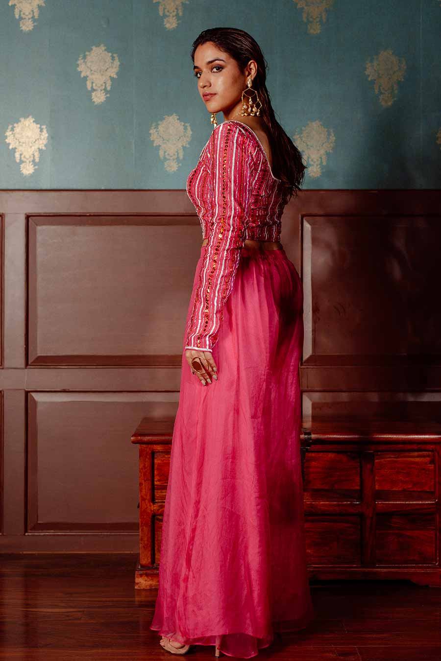 Pink Embroidered Blouse & Pant Set With Dupatta