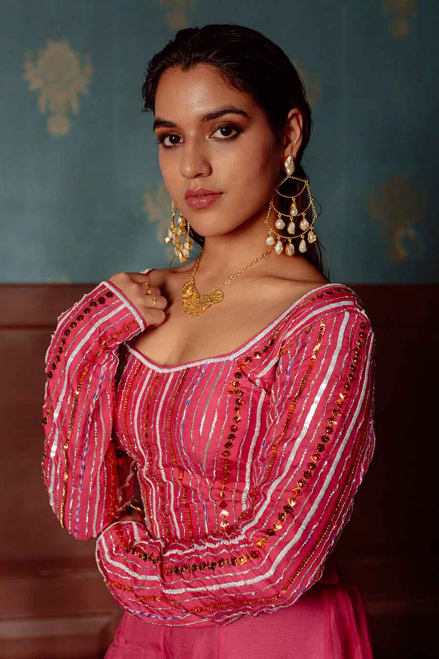 Pink Embroidered Blouse & Pant Set With Dupatta