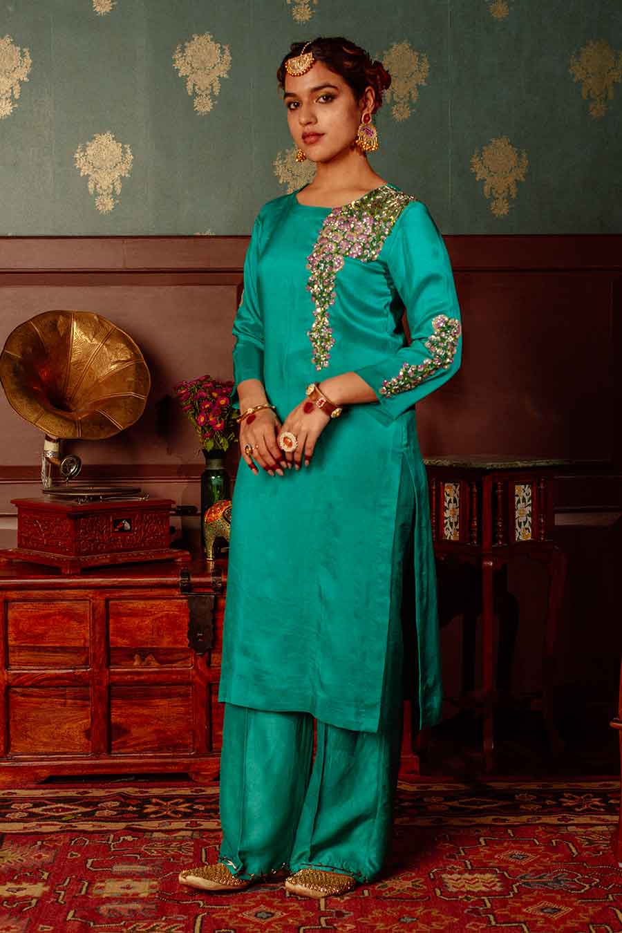 Green Embroidered Kurta Set