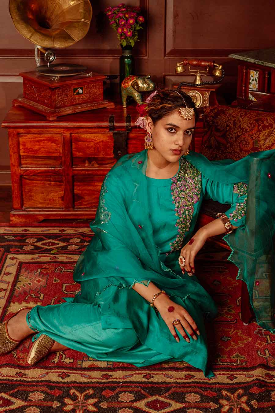 Green Embroidered Kurta Set