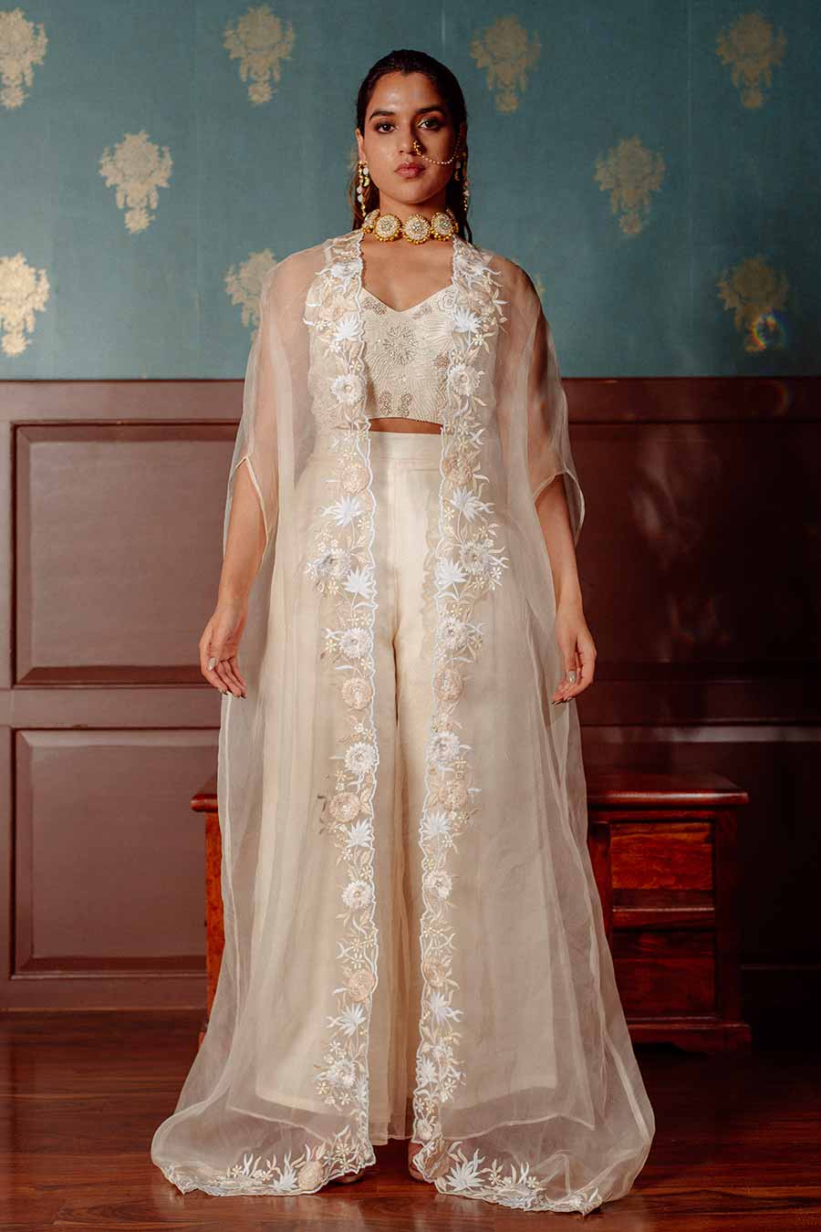 White Embroidered Blouse & Pant Set With Cape
