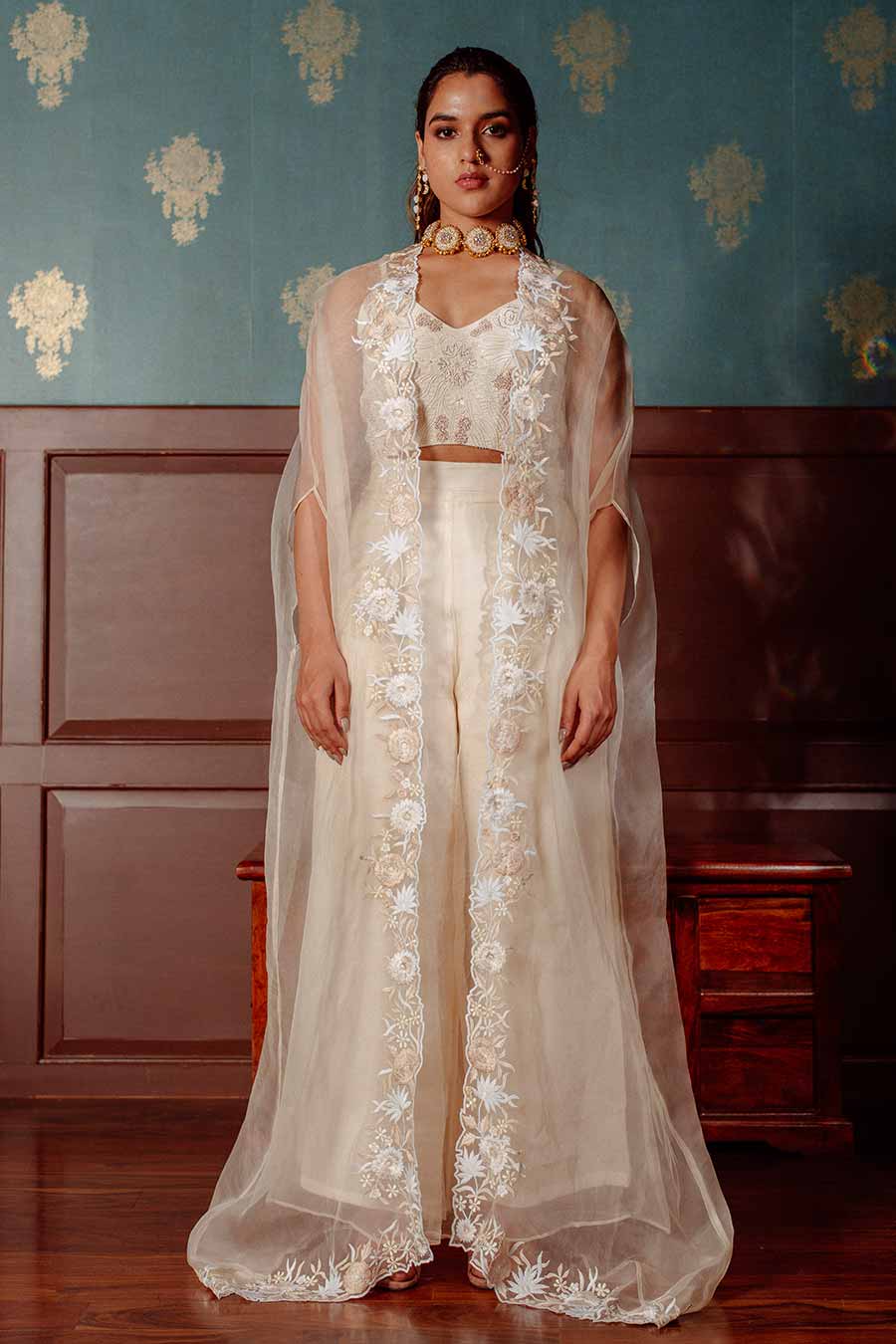 White Embroidered Blouse & Pant Set With Cape