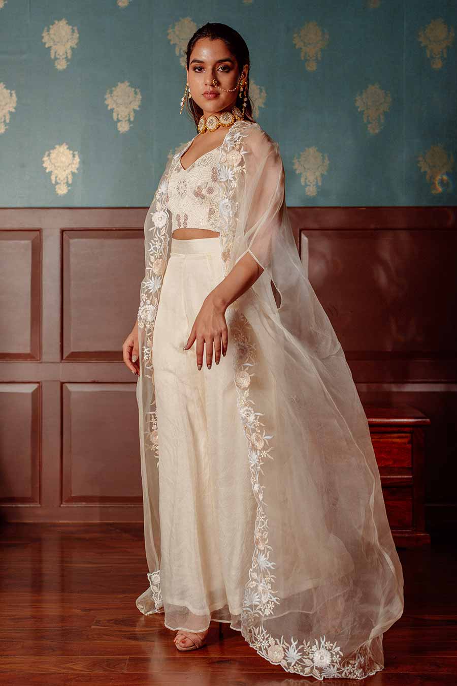 White Embroidered Blouse & Pant Set With Cape