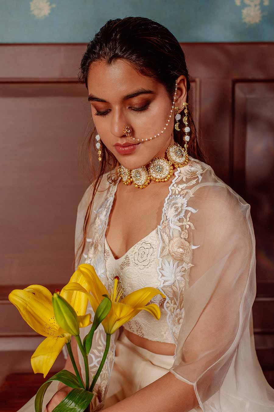 White Embroidered Blouse & Pant Set With Cape