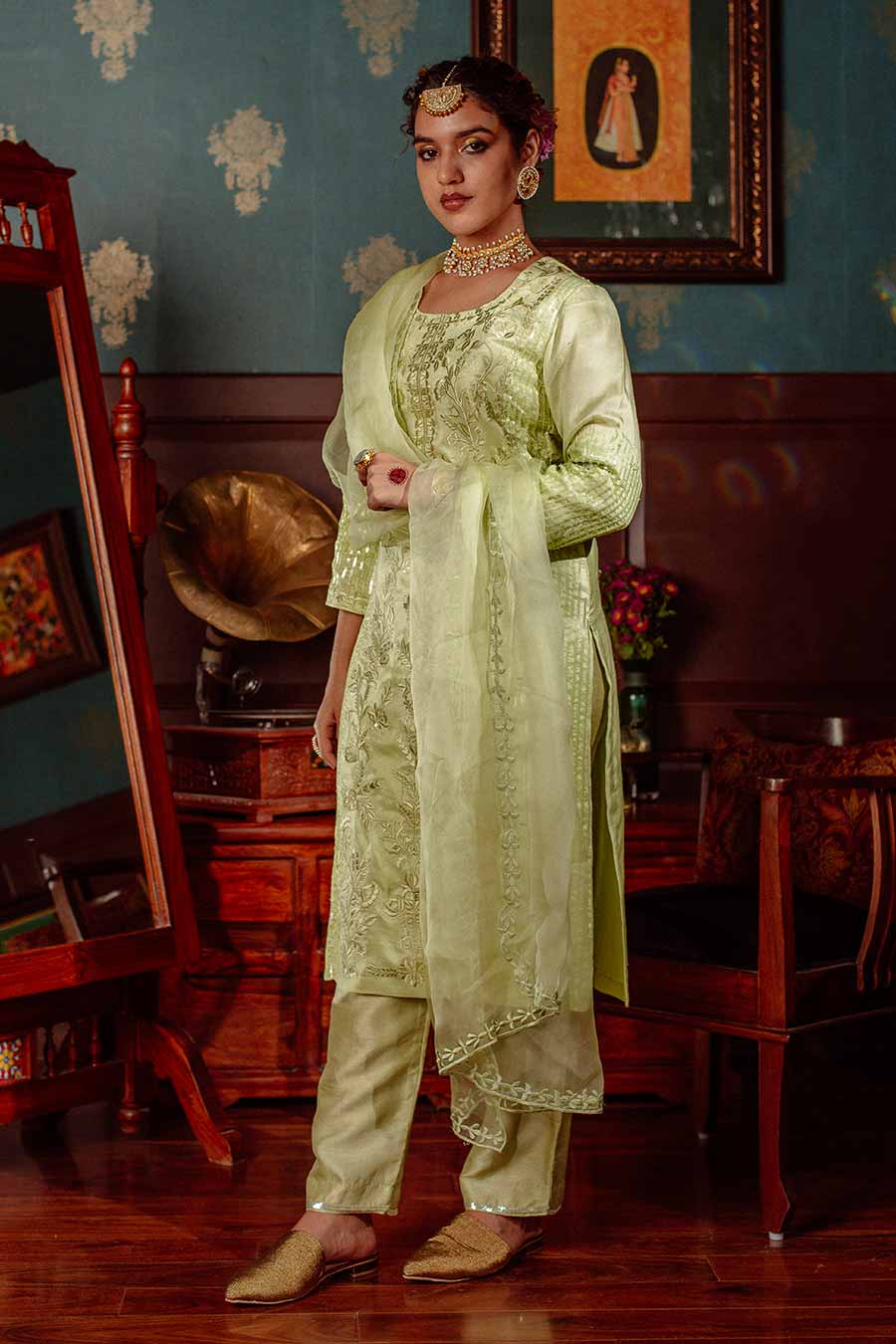 Green Embroidered Kurta Set