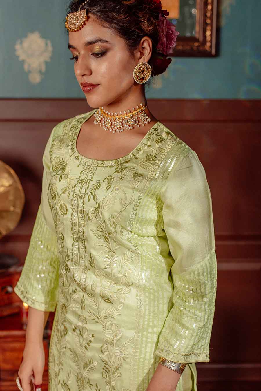 Green Embroidered Kurta Set