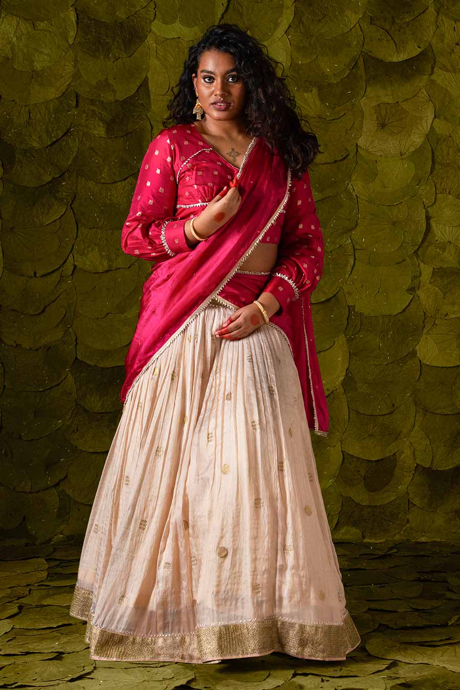 Sangria Pink & Rose Dust Off-White Embroidered Lehenga Set