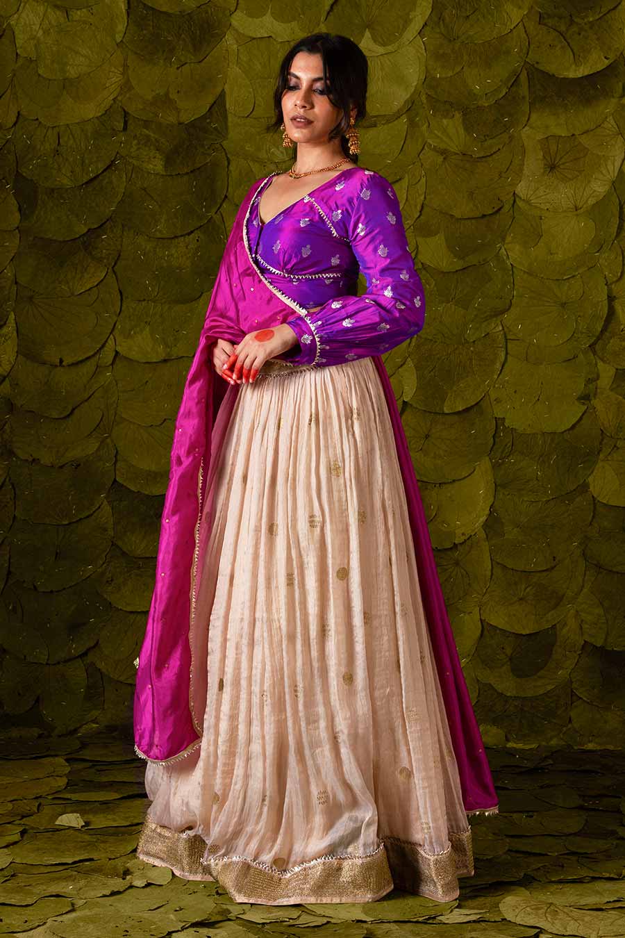 Purple & Rose Dust Off-White Embroidered Lehenga Set