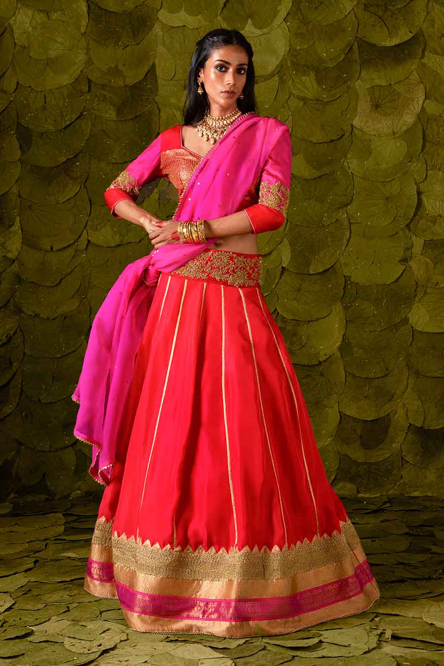 Pink with Crimson Red & Jalapeno Red Embroidered Lehenga Set