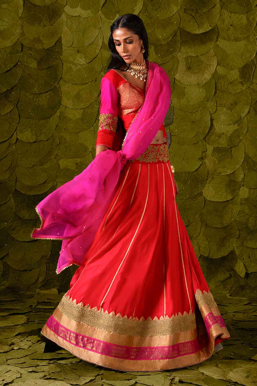 Pink with Crimson Red & Jalapeno Red Embroidered Lehenga Set