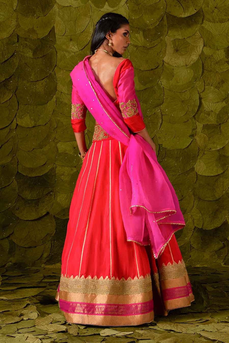 Pink with Crimson Red & Jalapeno Red Embroidered Lehenga Set