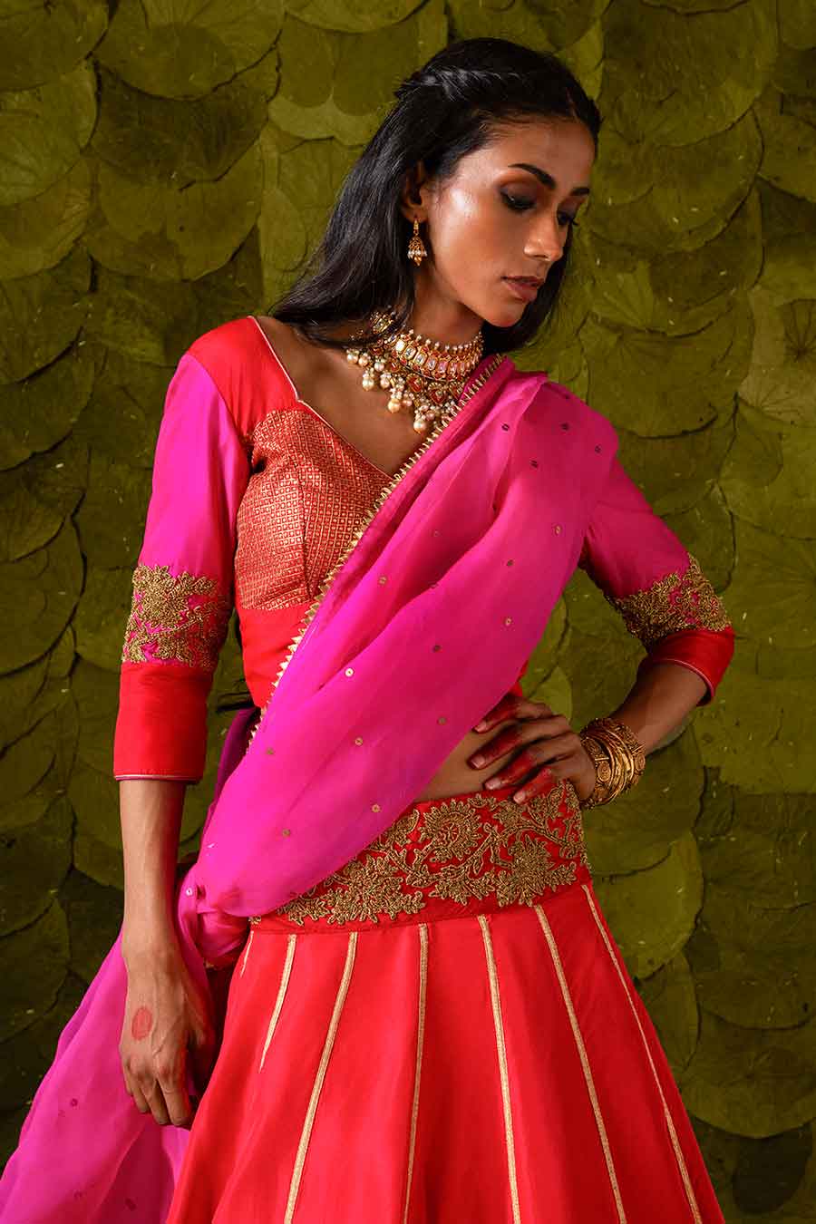 Pink with Crimson Red & Jalapeno Red Embroidered Lehenga Set