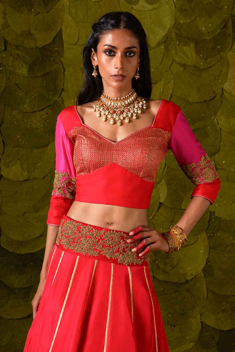Pink with Crimson Red & Jalapeno Red Embroidered Lehenga Set