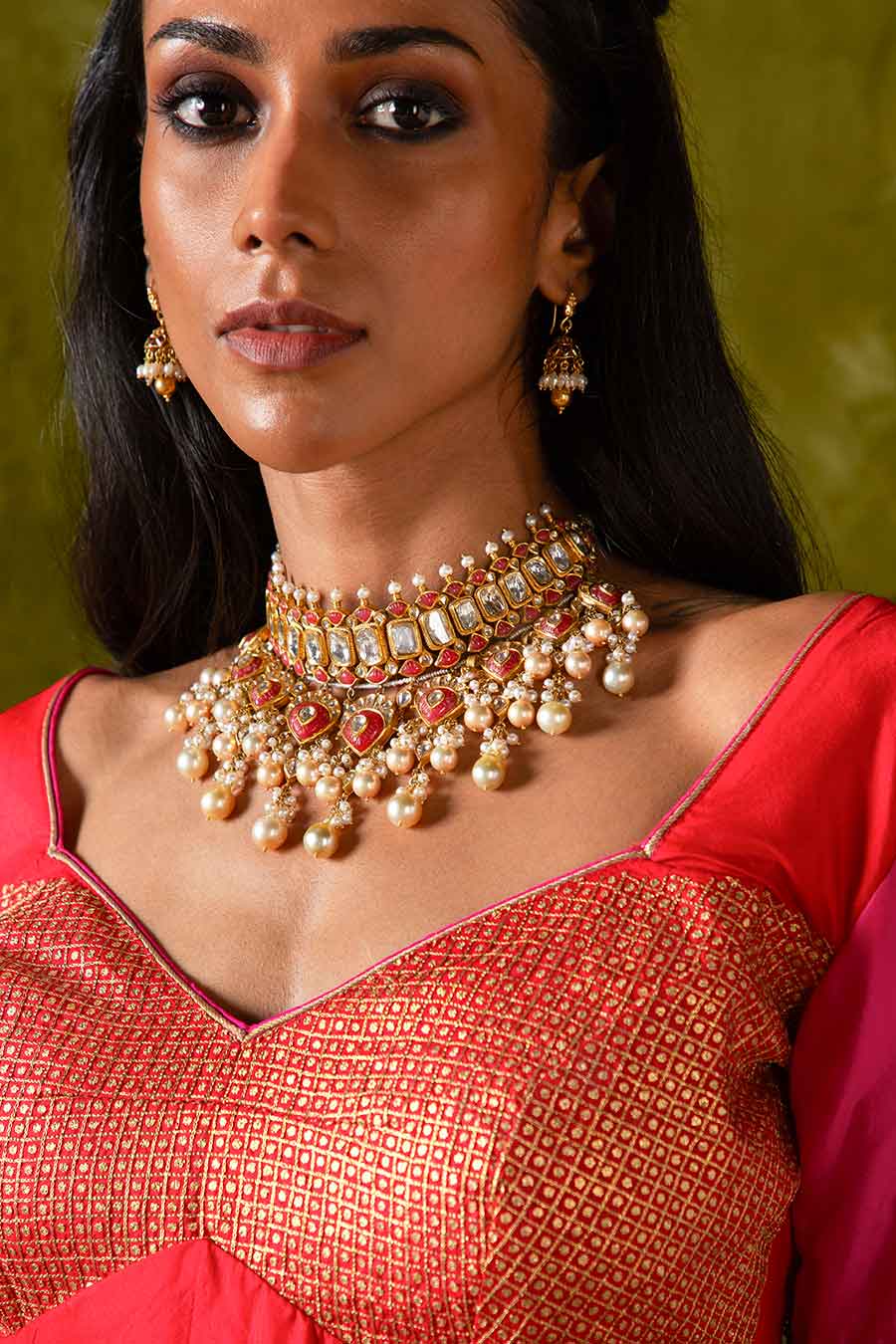 Pink with Crimson Red & Jalapeno Red Embroidered Lehenga Set